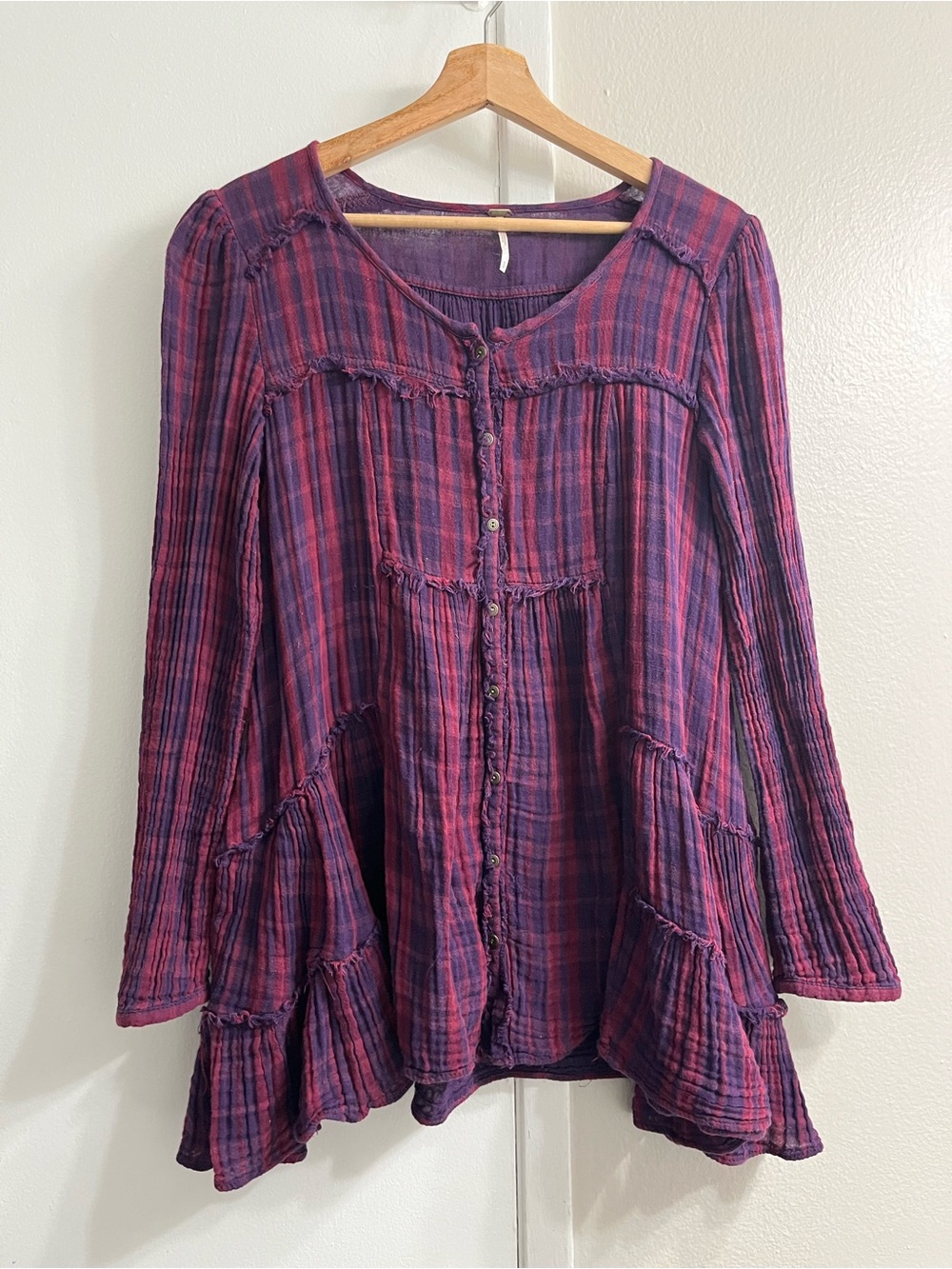 Free People Purple and Pink Plaid Button-Front Tunic Top